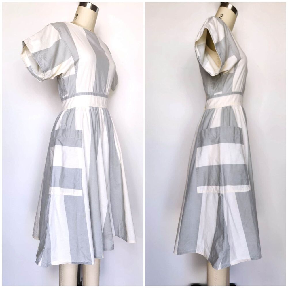 50s Stripes Dress Large Pockets Button Down Back Mid Century Bombshell  XXS